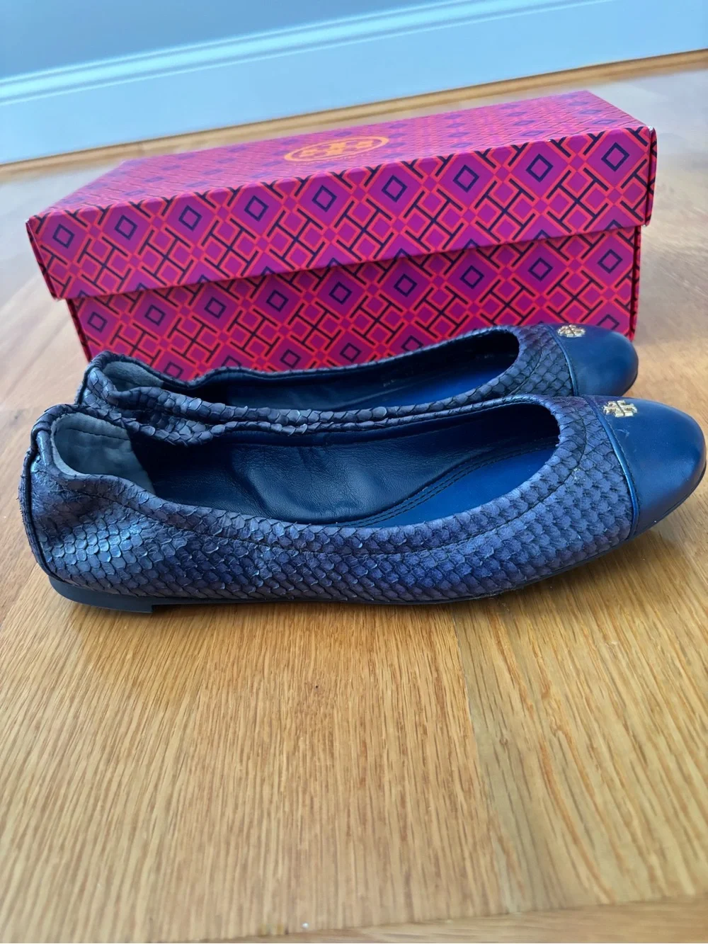 Tory Burch Metallic Blue Leather & Snakeskin Ballet Flats